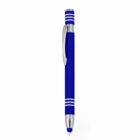 Blue and silver retractable ballpoint pen with a clip, on a white background.