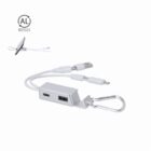 White multi-port USB adapter with keychain and recycled symbol on a plain background.