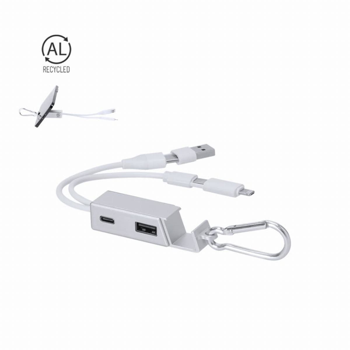 White multi-port USB adapter with keychain and recycled symbol on a plain background.