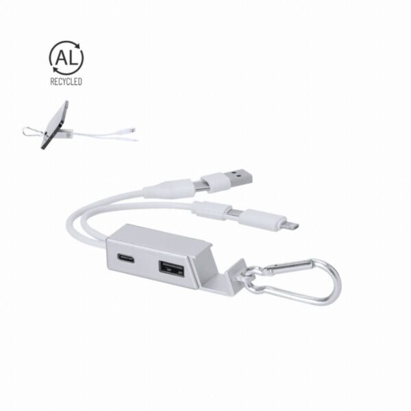 White multi-port USB adapter with keychain clip and separate USB cable; AL recycled logo.