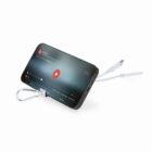 Smartphone on stand, playing video, with attached charging cable and carabiner keychain.