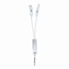 White dual-ended USB charging cable with a silver clip and keychain attachment.