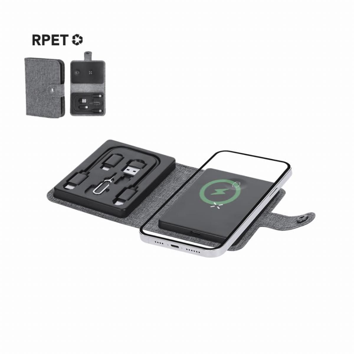 Grey wireless charging organizer with cables and a phone charging on top, RPET logo shown.