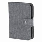 A gray fabric wallet with a snap-button closure, standing upright against a white background.