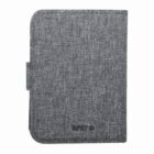 Gray textured fabric tablet cover with a small tab on the side, shown closed on a white background.