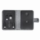Gray portable tech organizer with charging cables and a black wireless charging pad inside.