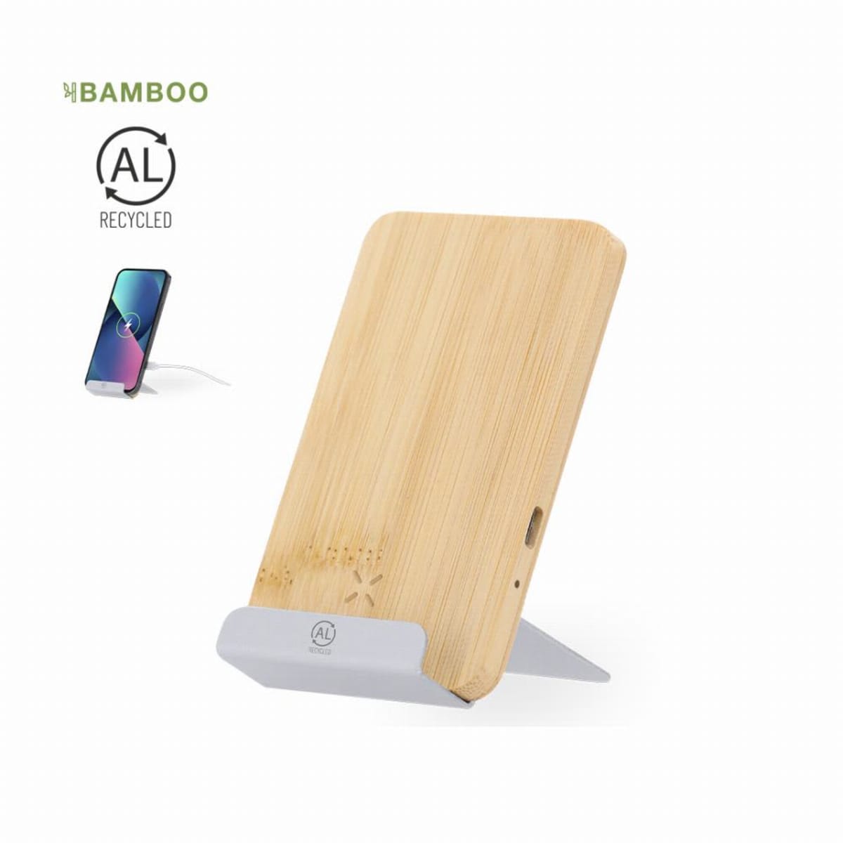 Bamboo and plastic phone stand with wireless charging feature, shown on a white background.