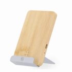 A wooden tablet stand with a metal support on a white background.