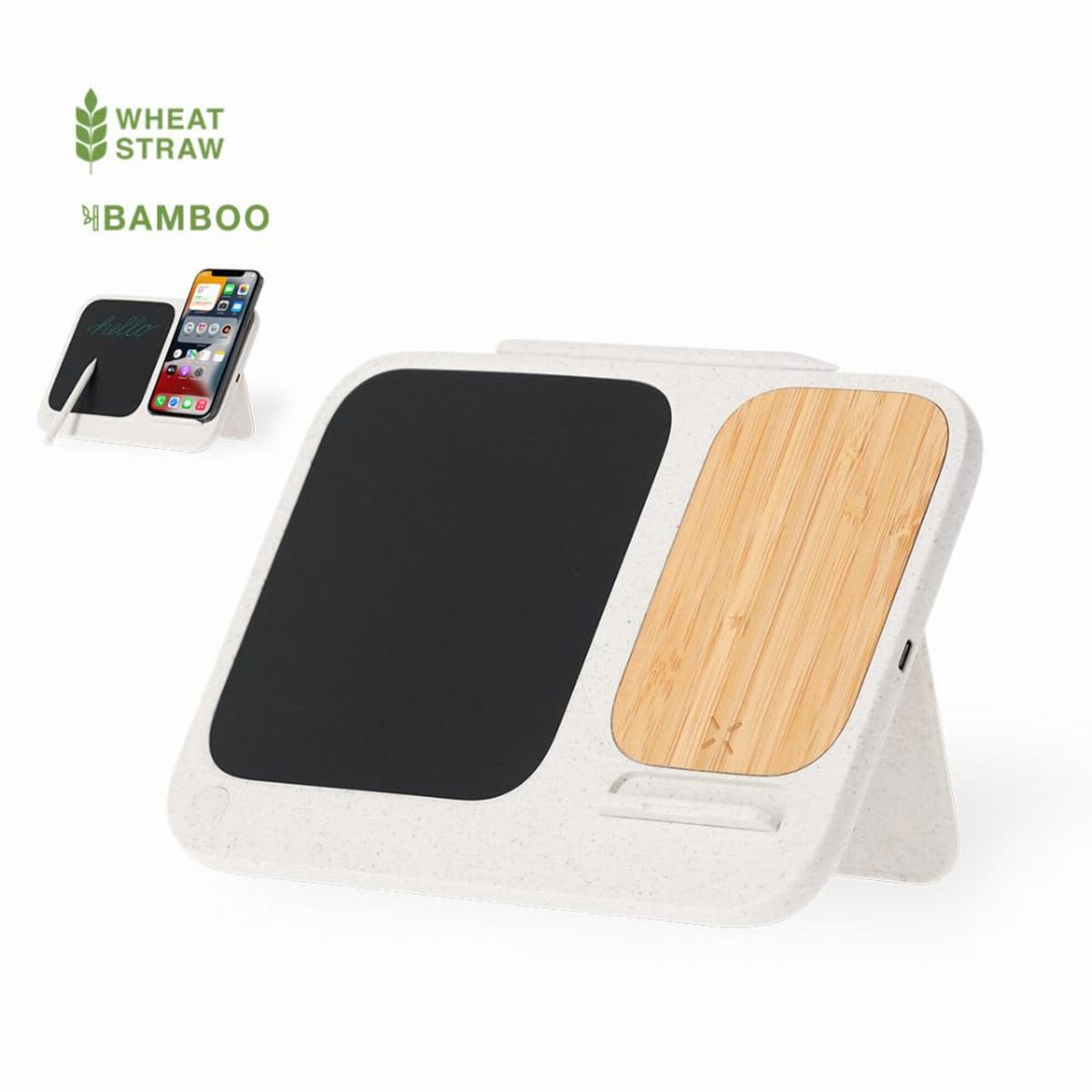 Tablet stand with a black chalkboard, bamboo panel, and phone slot, made from wheat straw.