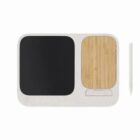 Rectangular white tablet with a black screen, bamboo pad, and a white stylus beside it.
