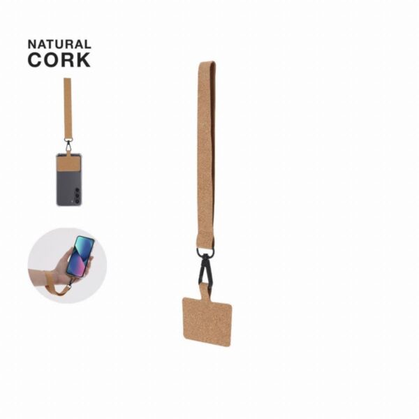 Natural cork phone lanyard with a strap and cardholder, holding a smartphone.