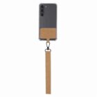 Smartphone with a brown cork card holder and matching cork wrist strap attached to the back.