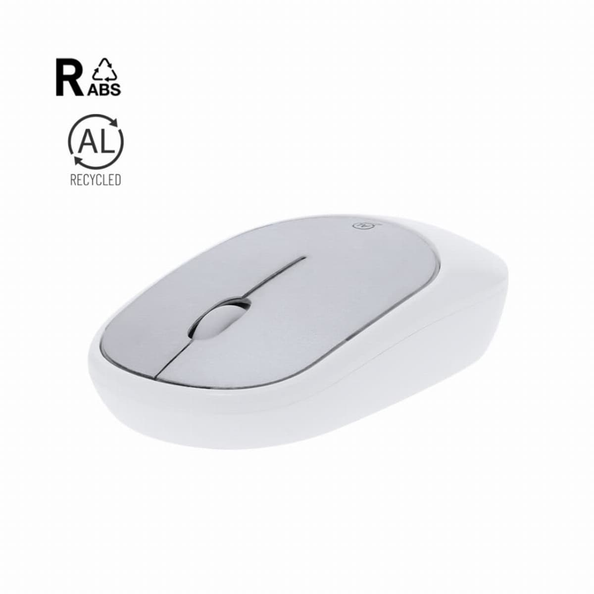 White and gray wireless computer mouse with recycled material symbols in the top left corner.