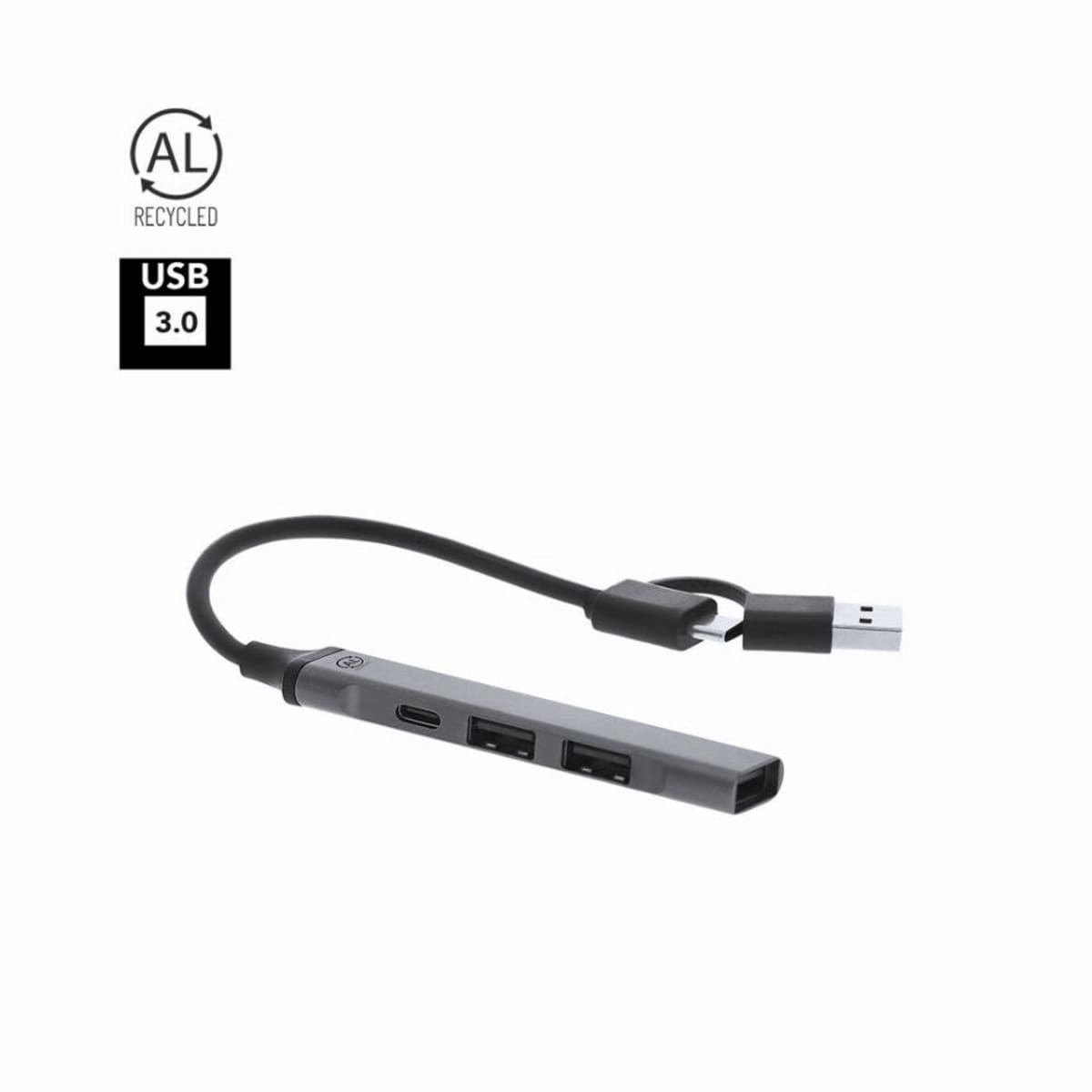Slim USB hub with three ports and a short USB cable, labeled as recycled and USB 3.0.