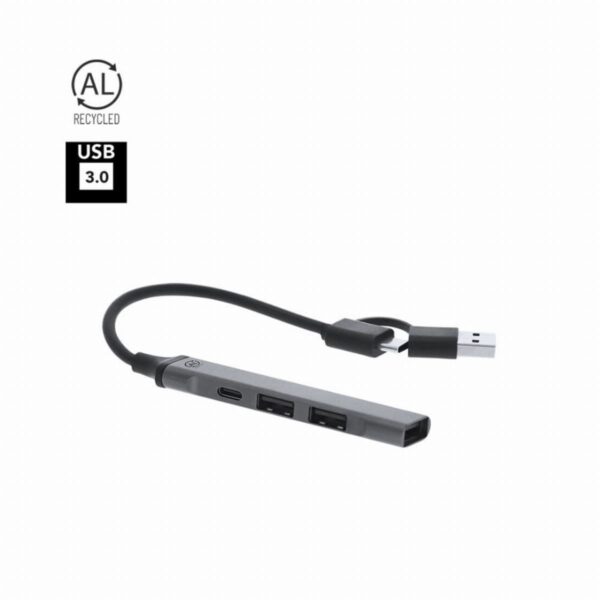 Slim USB 3.0 hub with multiple ports, recycled material symbol, and short black cable.
