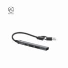 Slim black USB hub with multiple ports and a flexible short connecting cable.