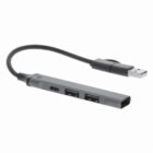 Slim USB hub with a USB-A connector and multiple ports, including USB-A and USB-C.