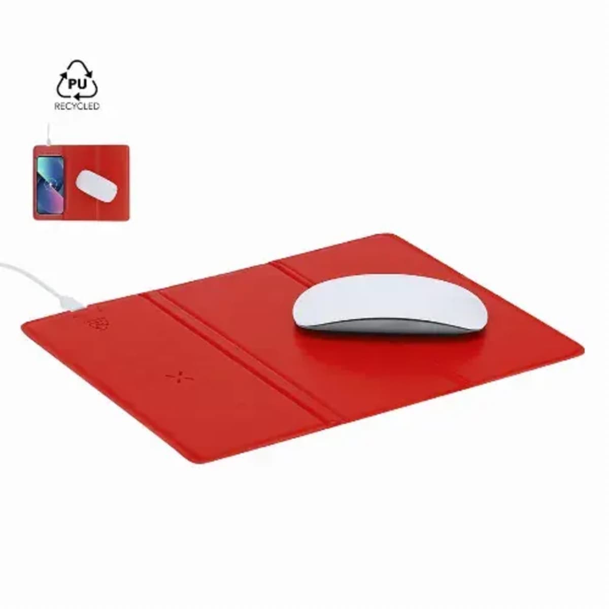 Red mouse pad with a white mouse and a phone resting in a groove, PU recycled material logo.