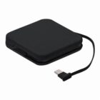 A black square portable charger with an attached USB charging cable.