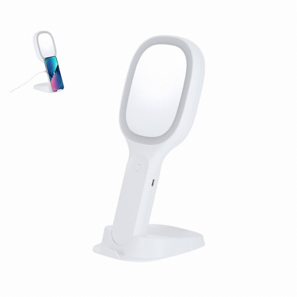 White tabletop mirror with stand and a built-in phone holder on the back.