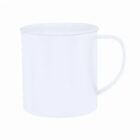 Plain white ceramic mug with a handle, shown on a white background.
