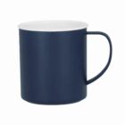 Navy blue mug with a white interior and a simple handle, set against a white background.