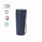 Navy blue travel mug with a strap, 320 ml, food grade, double wall, hot/cold use.
