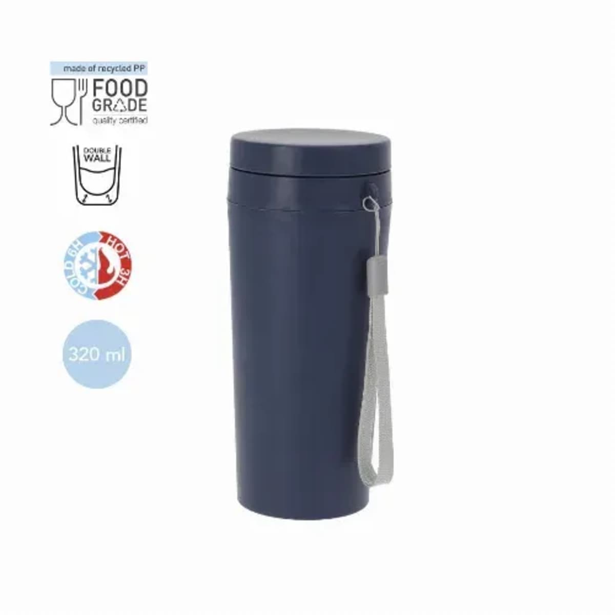 Navy blue travel mug with a strap, 320 ml, food grade, double wall, hot/cold use.