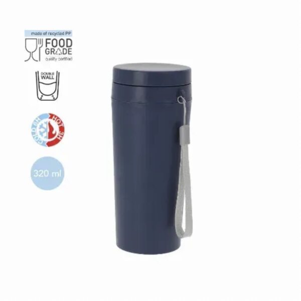 Navy blue travel mug with a grey strap, 320ml, food grade, made of recycled materials.