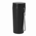 Black travel tumbler with a lid and a gray carrying strap, against a white background.