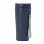 Dark blue travel mug with a lid and a gray carrying strap, on a white background.