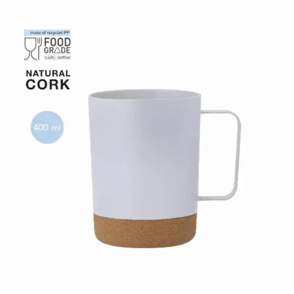 White mug with cork base, metal handle, and 400 ml label on a white background.
