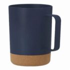 A dark blue mug with a cork base and a rectangular handle on a white background.