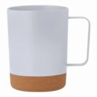 White mug with a cork base and a square handle, pictured on a plain background.