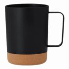 Black mug with a square handle and cork-covered base, shown on a white background.
