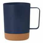 A navy blue mug with a cork base and a rectangular handle, isolated on a white background.