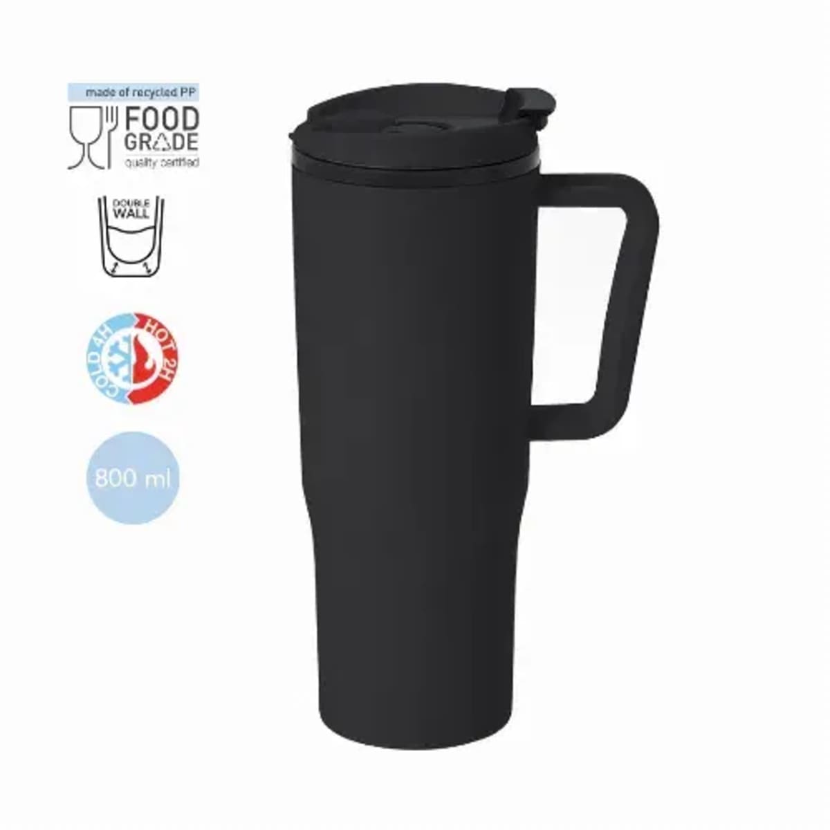 Black travel mug with handle and lid, marked as food grade and 800 ml capacity.