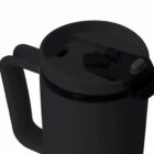 Black travel mug with a closed flip-top lid and a handle, viewed from above.