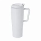 Tall white travel mug with a handle and a closed lid, set against a plain background.