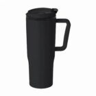 Black travel mug with handle and lid, isolated on a white background.