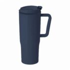 A navy blue travel mug with a handle and a lid, on a white background.