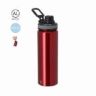 Red metal water bottle with black cap and handle, 800 ml capacity, on a white background.