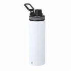 White stainless steel water bottle with a black screw lid and carrying handle.