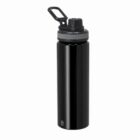 Black reusable water bottle with a gray cap and handle, standing upright on a white background.