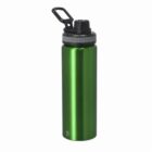 A green metal water bottle with a black screw-on lid and carry handle.