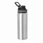 Silver metal water bottle with a black screw-on lid and carrying handle.