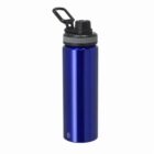 A shiny blue metal water bottle with a black screw-on lid and carrying handle.