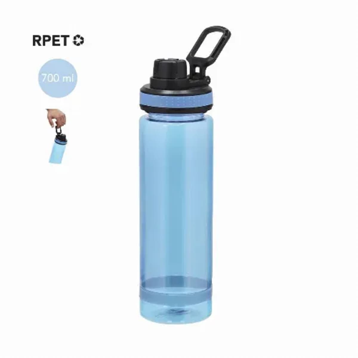 Clear blue 700ml water bottle with black lid and carrying handle, labeled RPET recyclable.