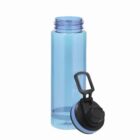 A blue water bottle with a black screw-on lid placed beside it.
