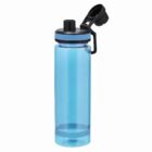 Blue plastic water bottle with a flip-top black lid and carrying handle.